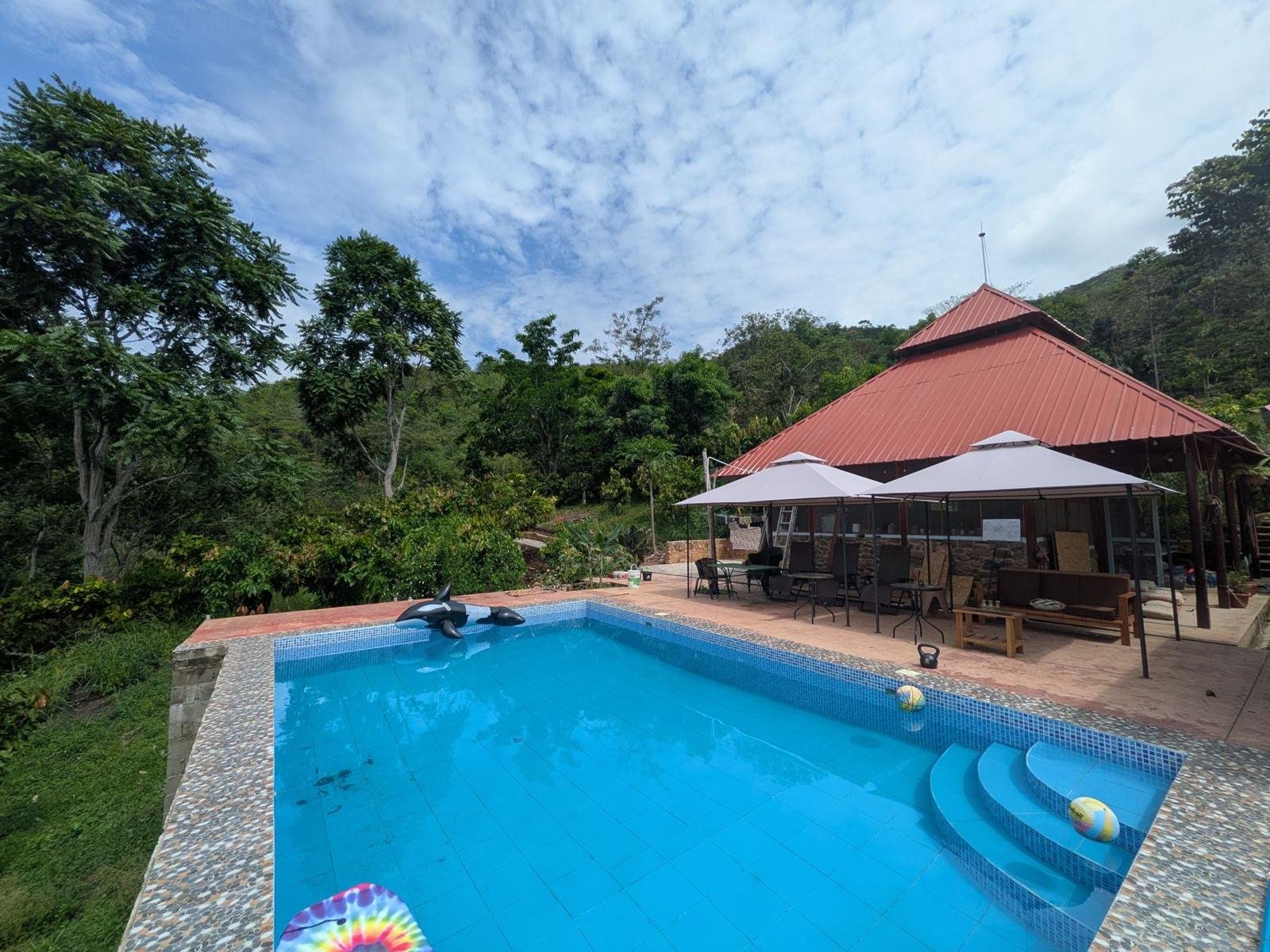 su propiedad hoy (casa, piscina, jardines)